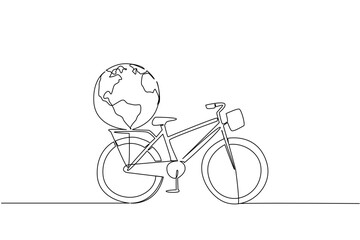 Simple single line drawing of a bicycle carrying a large globe on its back carrier, symbolizing global connection and sustainability for World Bicycle Day in a sport and travel concept.
