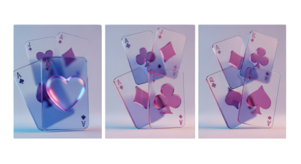 Playing cards with heart and spade symbols, abstract design isolated on transparent background