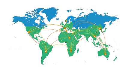 Fototapeta premium Dynamic global network connections visualized across continents with vibrant lines and glowing nodes, representing international trade, communication, and travel routes worldwide.