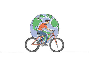 One line drawing of a man riding a bicycle with the Earth in the background, nature concept, eco-friendly theme for World Bicycle Day, minimalist style representing unity and sustainability.