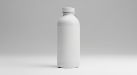 White plastic bottle stands upright on a clean, minimalist surface, showcasing its simple form and smooth texture in a studio setting, creating a sense of purity and cleanliness.