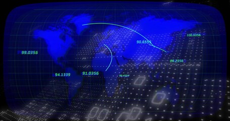 Displaying glowing world map on curved digital display, with green grid lines and numeric data