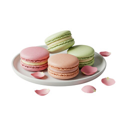 Obraz premium Three vibrant pastel macarons on a white plate with rose petals, isolated on a transparent background, captured with macro detail and even studio light, concept of gourmet dessert