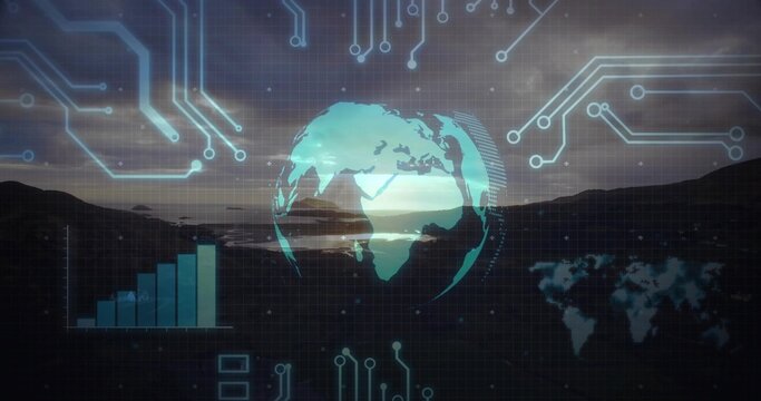 Displaying holographic globe hovering over dusk lakeside, with grid overlay, bar chart, world map - Powered by Adobe
