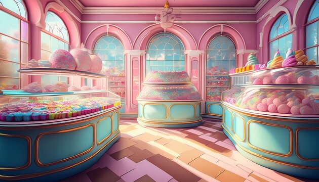 pastel candy shop large windows colorful sweets playful decor sprinkles delicious