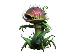 Fierce carnivorous fantasy plant monster with sharp teeth and thorny vines, a 3D rendered creature isolated on a white background