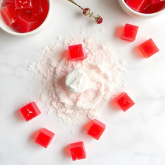 Agar-agar jelly cubes and powder on white marble table, flat lay