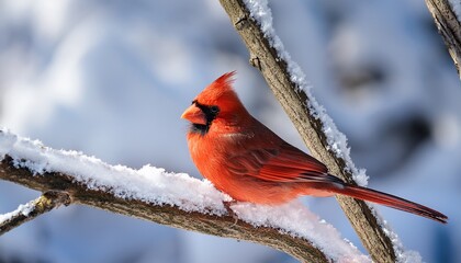 red cardinal bird perched on a snowy branch