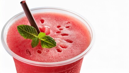 fresh ice cold watermelon smoothie in plastic cup on white background