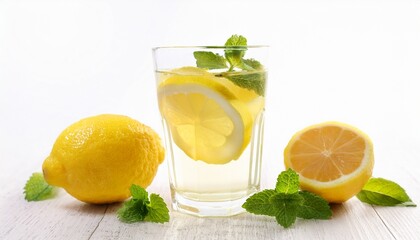 fresh lemonade in glass with lemon and mint on white background
