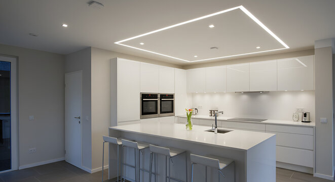 "Design a minimalist interior using a stretch ceiling system with integrated LED lighting and perimeter spotlights for soft indirect illumination."