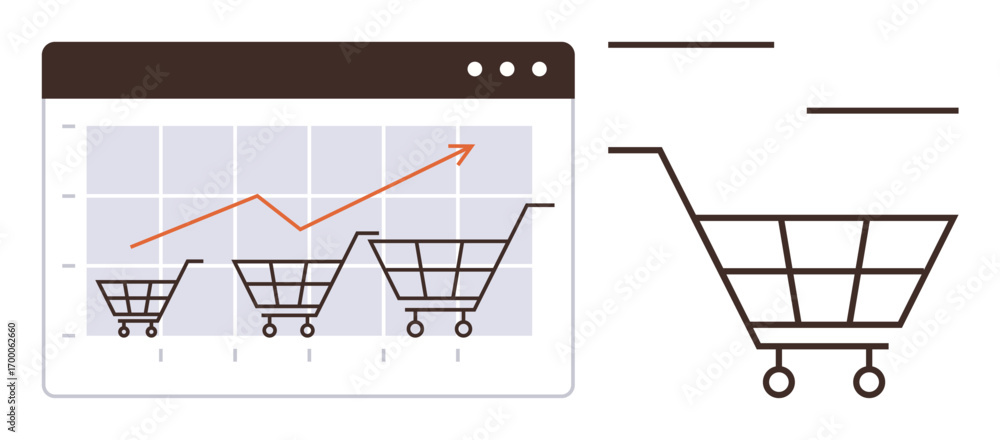 Poster shopping carts represent growth on a data graph with an upward arrow trendline. ideal for e-commerce