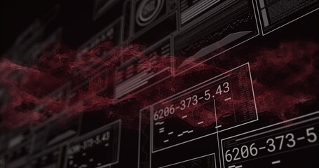 Flowing red particle network traversing dark virtual data interface, with translucent data panels