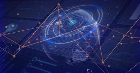 Displaying central holographic globe floating in UI, with glowing network nodes and data indicators