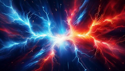 electric blue and red lightning bolts collide in a dark void creating a vibrant energy clash artwork sparkle