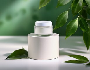 minimalist cream jar on white podium with natural light and green leaves in background evoking serene and organic ambiance minimalistic beauty and skincare packaging concept