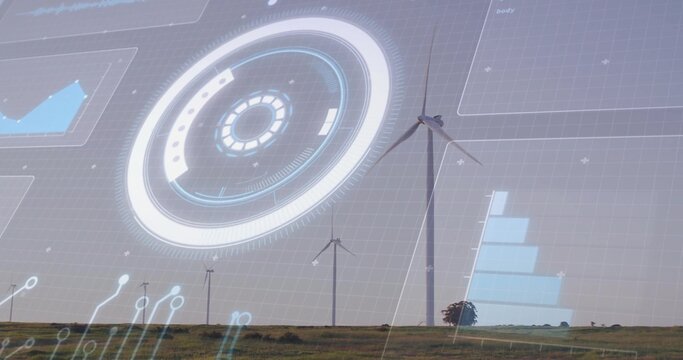 Showcasing tall white wind turbine projecting overlays on rural plains, with HUD and chart graphics
