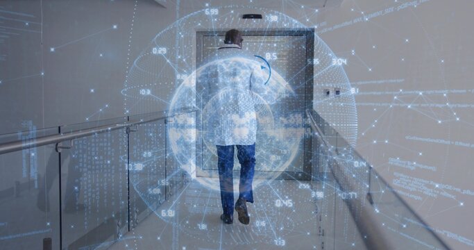 Walking male wearing white lab coat down lab corridor with holographic globe overlay and handrails - Powered by Adobe
