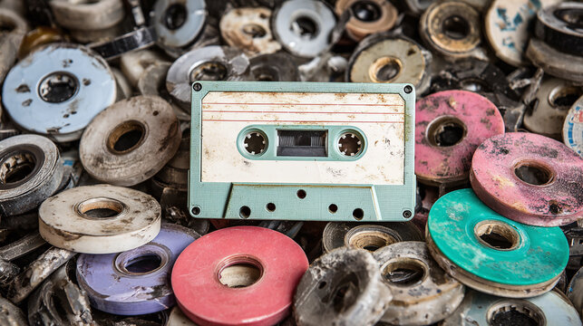 Vintage audio cassette amidst discarded reels, evoking nostalgia for analog music storage and reflecting on obsolescence and decay.