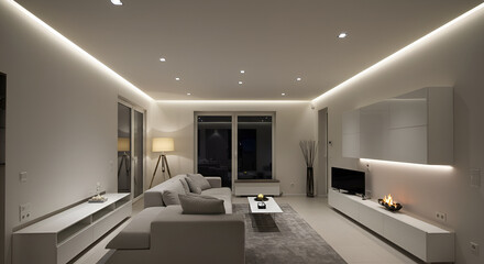 "Design a minimalist interior using a stretch ceiling system with integrated LED lighting and perimeter spotlights for soft indirect illumination."