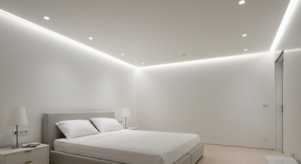 "Design a minimalist interior using a stretch ceiling system with integrated LED lighting and perimeter spotlights for soft indirect illumination."