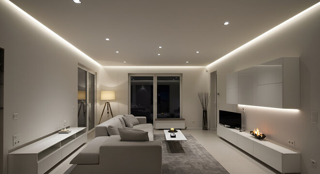 "Design a minimalist interior using a stretch ceiling system with integrated LED lighting and perimeter spotlights for soft indirect illumination."