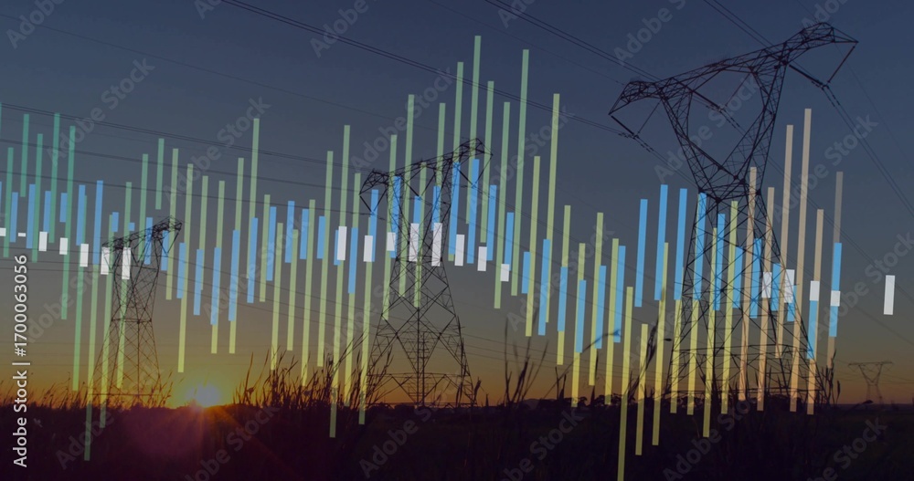Poster displaying pylons and lines stretching across field at dusk with tall grass and color bar overlay