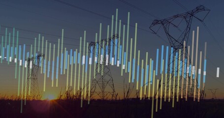 Displaying pylons and lines stretching across field at dusk with tall grass and color bar overlay