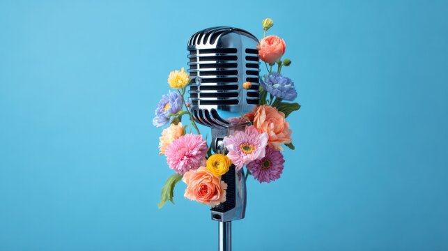Vintage microphone surrounded by pastel-colored flowers against a bright blue backdrop