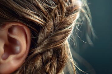 Messy fishtail braid with textured strands wrapped around ear, showing natural hair color and relaxed bohemian style in soft lighting