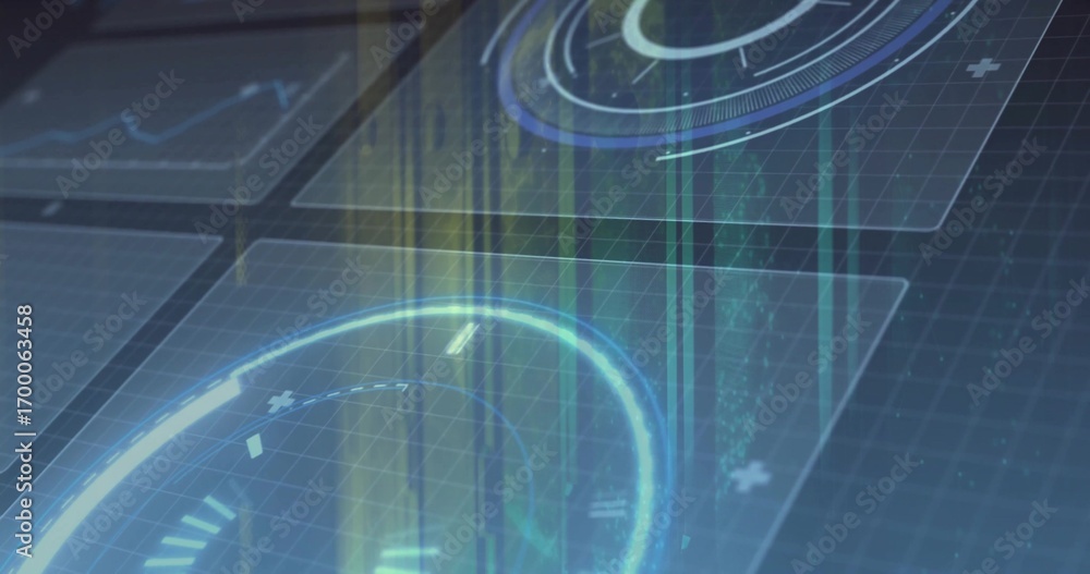 Poster displaying transparent data panels with holographic dials over grid plane, rising beams and streams
