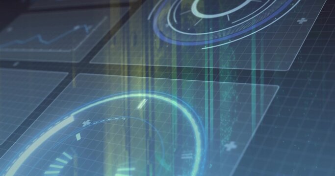 Displaying transparent data panels with holographic dials over grid plane, rising beams and streams - Powered by Adobe