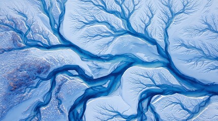 Aerial view of a river system, its waterways branching out like the veins of a leaf, contrasting against the pale landscape, nature's artistry, earth patterns.