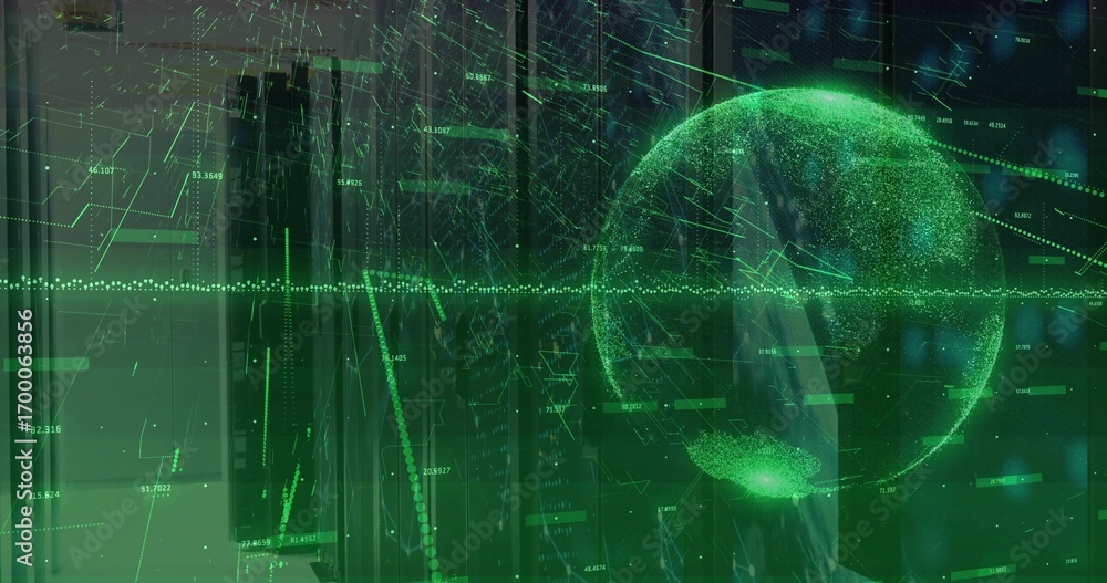 Aufkleber displaying green globe hologram floating over dark grid interface with numeric readouts, copy space