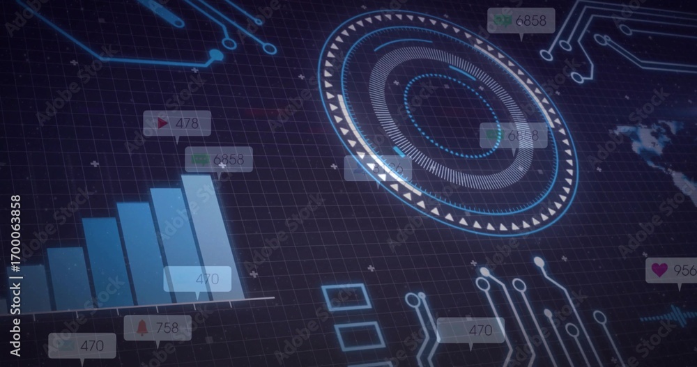 Poster high-tech dashboard displaying data on grid with bar chart, numeric badges and hud, copy space