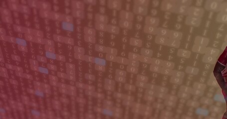 Streaming translucent numeric digits cascading across red digital grid, forming code background