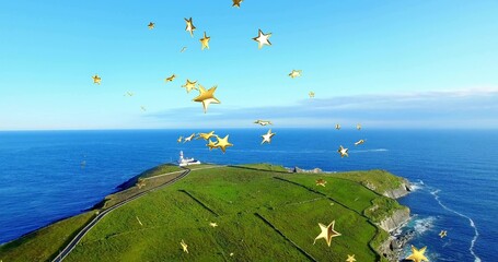 Obraz premium Capturing headland over blue ocean, with winding road leading to white lighthouse and golden stars