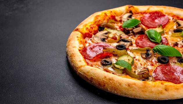 Delicious pizza with assorted toppings on dark background