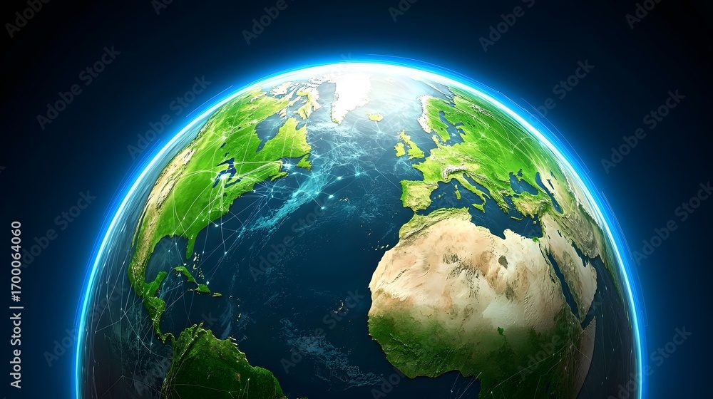Poster the image shows a detailed, photorealistic rendering of earth as seen from space, with a glowing hal