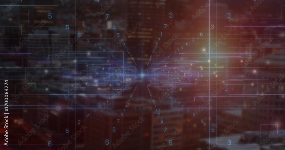 Poster radiating network hub emitting glowing lines over lit skyscrapers at night, with floating digits
