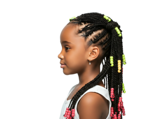 A young Black girl with her hair styled in intricate braids adorned with colorful beads, shown in profile against a white background.