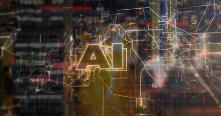 Floating bold gold AI letters in data center visualization, with glowing network nodes, code blocks