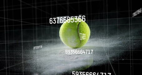 Hovering green tennis ball above dusty floor in simulation, with grid lines and data overlays