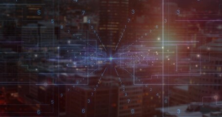 Radiating network hub emitting glowing lines over lit skyscrapers at night, with floating digits