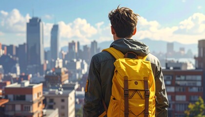 A young person gazes out over a sprawling city, a vibrant yellow backpack prominently displayed against the backdrop of urban structures.