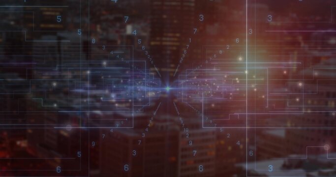 Radiating network hub emitting glowing lines over lit skyscrapers at night, with floating digits