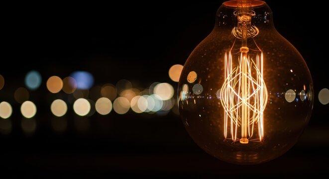 Vintage Edison Bulb Bokeh: Energy, Ideas, Innovation Concept
