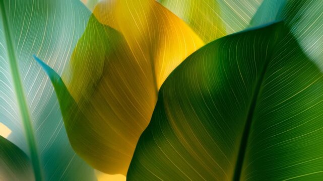 Abstract green and yellow leaves forming a layered background with soft light and smooth shapes.