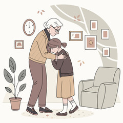 Vector art of a caring grandmother comforts her sad granddaughter, offering a gentle embrace and support in a heartwarming moment of intergenerational love and understanding
