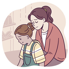 Vector art of a caring mother comforts her sad daughter, offering support and love during a difficult time, showcasing the importance of family bonds and emotional wellbeing in a nurturing environment